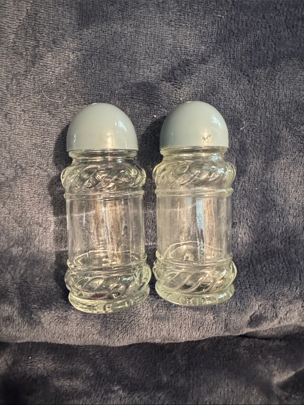 Glass Salt and Pepper Shakers with Light Gray Lids